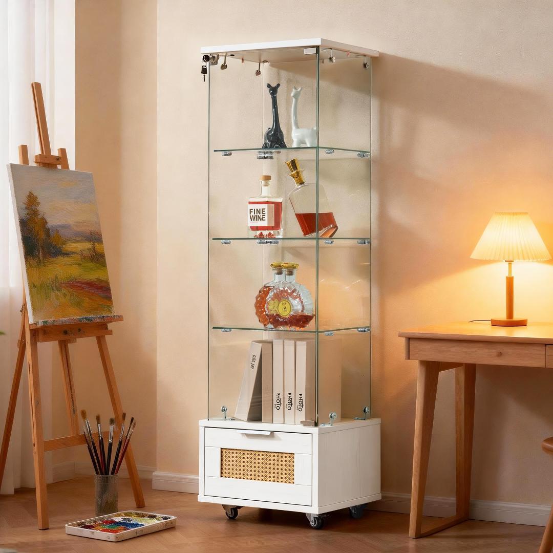 コレクションケース 引き出し付き 4段 強化ガラス 全面ガラス ホワイト