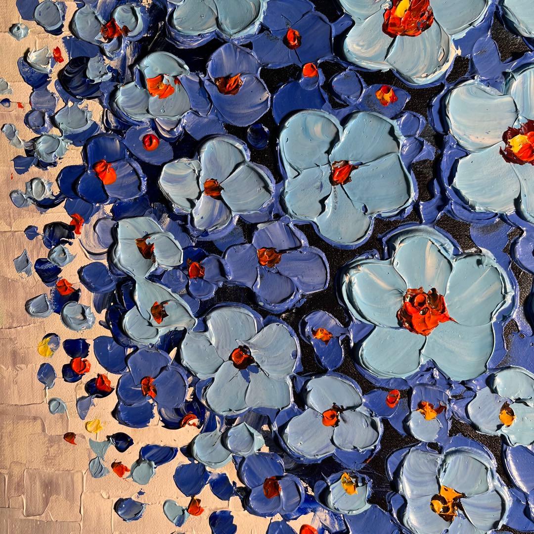 ☆秀作☆ 手書き油絵 ブルーフラワー 肉筆絵画 額付き インテリア 油彩