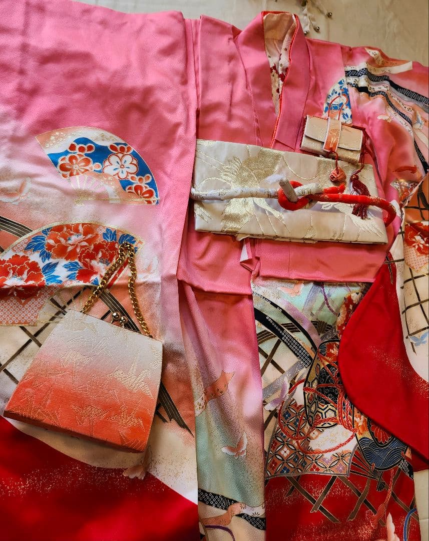 七五三 5歳 7歳 女の子 子供 アンティーク 着物 帯　つまみ細工髪飾りセット