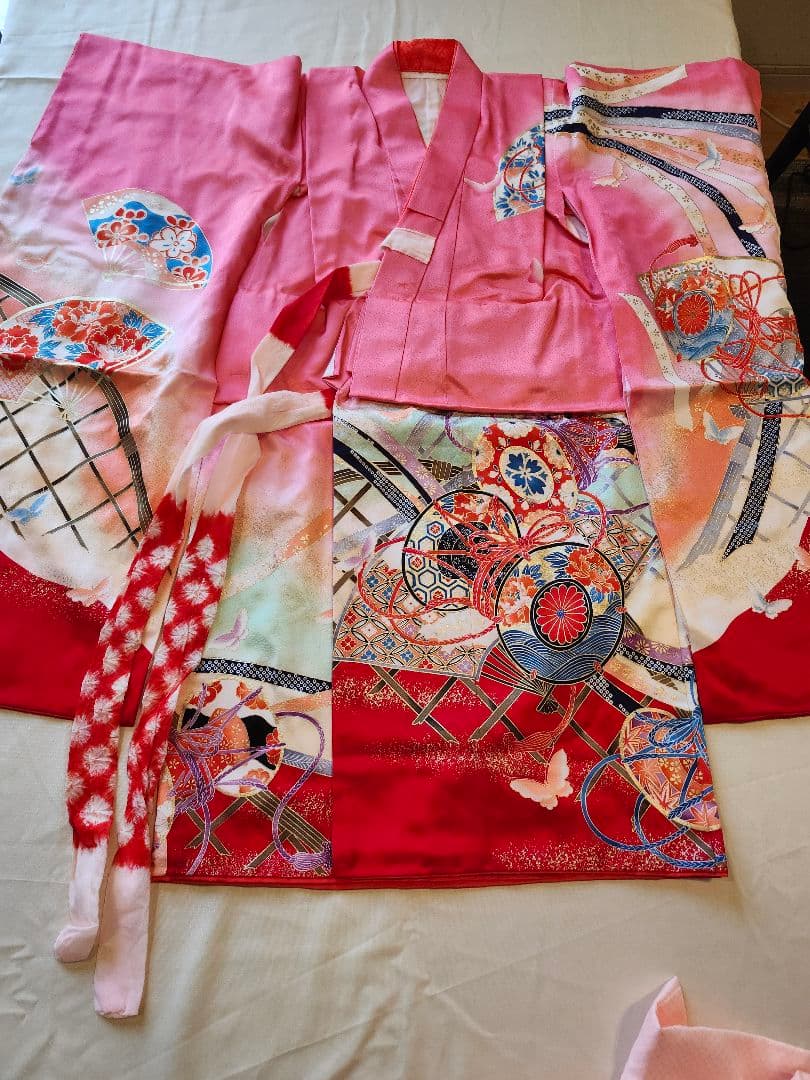 七五三 5歳 7歳 女の子 子供 アンティーク 着物 帯　つまみ細工髪飾りセット