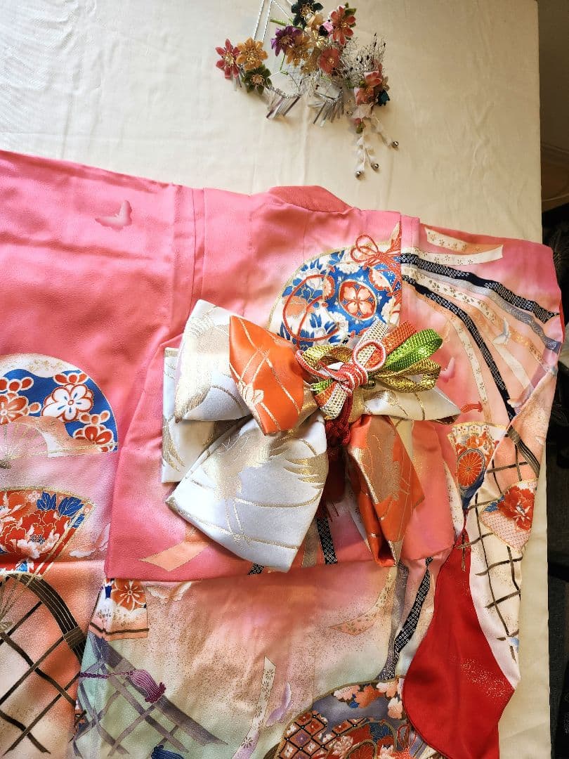 七五三 5歳 7歳 女の子 子供 アンティーク 着物 帯　つまみ細工髪飾りセット