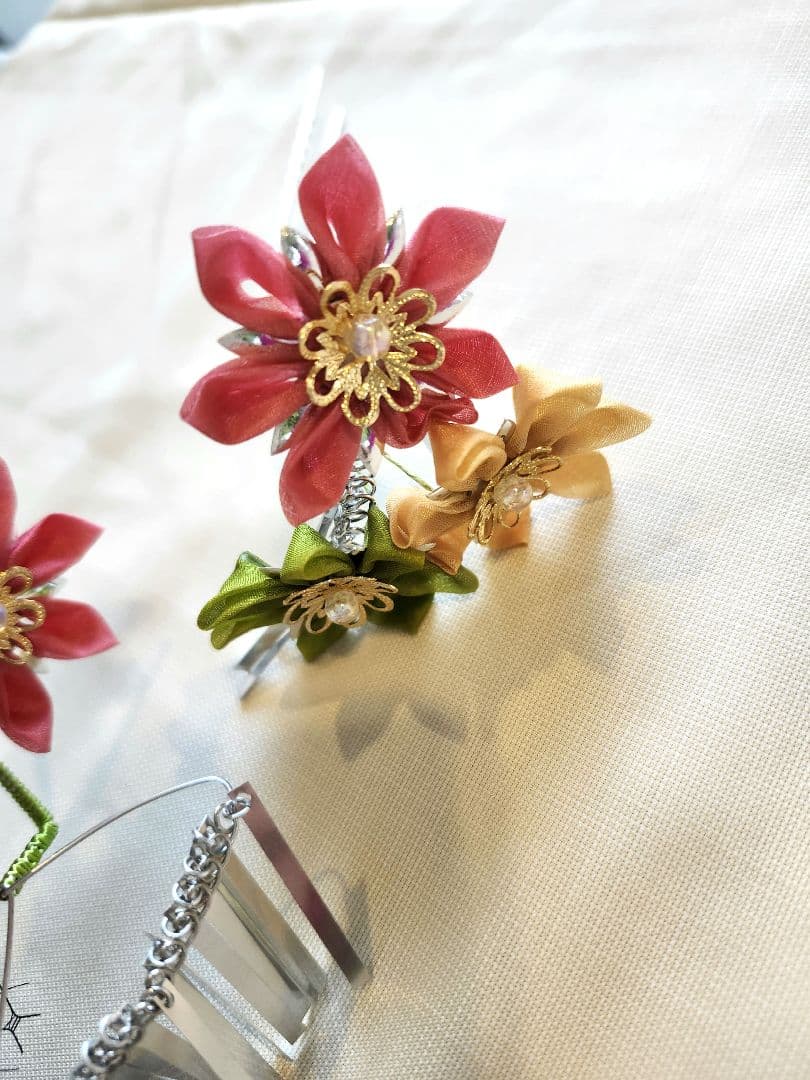 七五三 5歳 7歳 女の子 子供 アンティーク 着物 帯　つまみ細工髪飾りセット