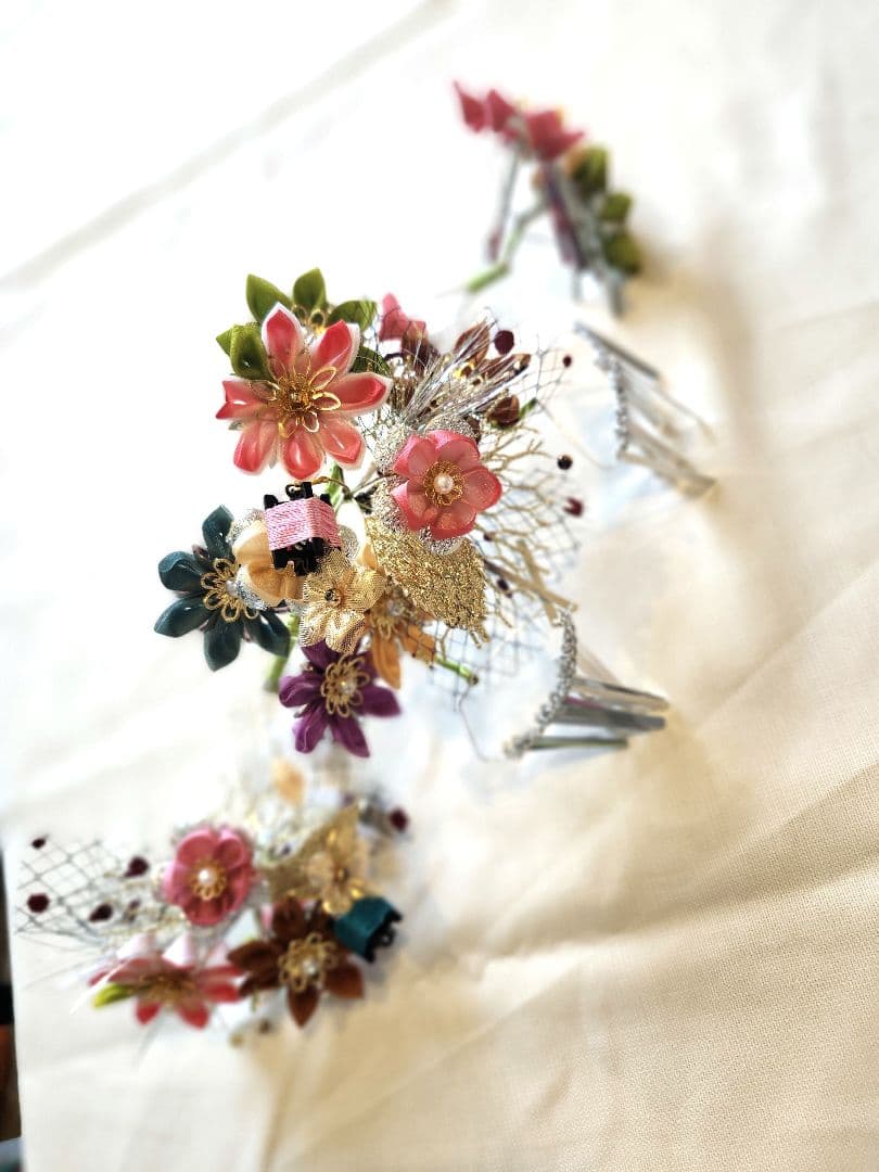 七五三 5歳 7歳 女の子 子供 アンティーク 着物 帯　つまみ細工髪飾りセット