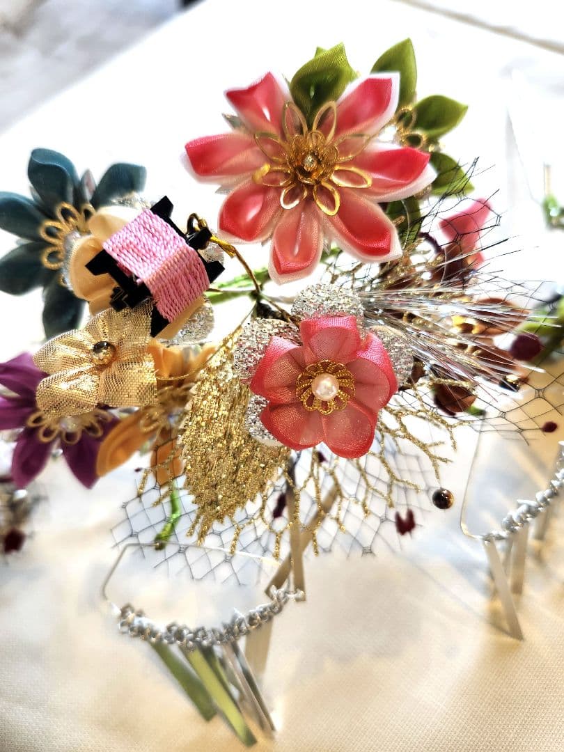 七五三 5歳 7歳 女の子 子供 アンティーク 着物 帯　つまみ細工髪飾りセット