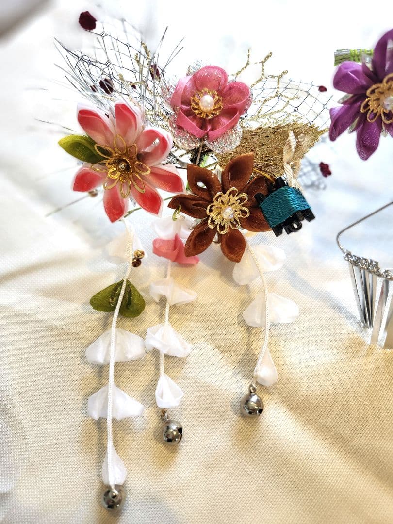 七五三 5歳 7歳 女の子 子供 アンティーク 着物 帯　つまみ細工髪飾りセット