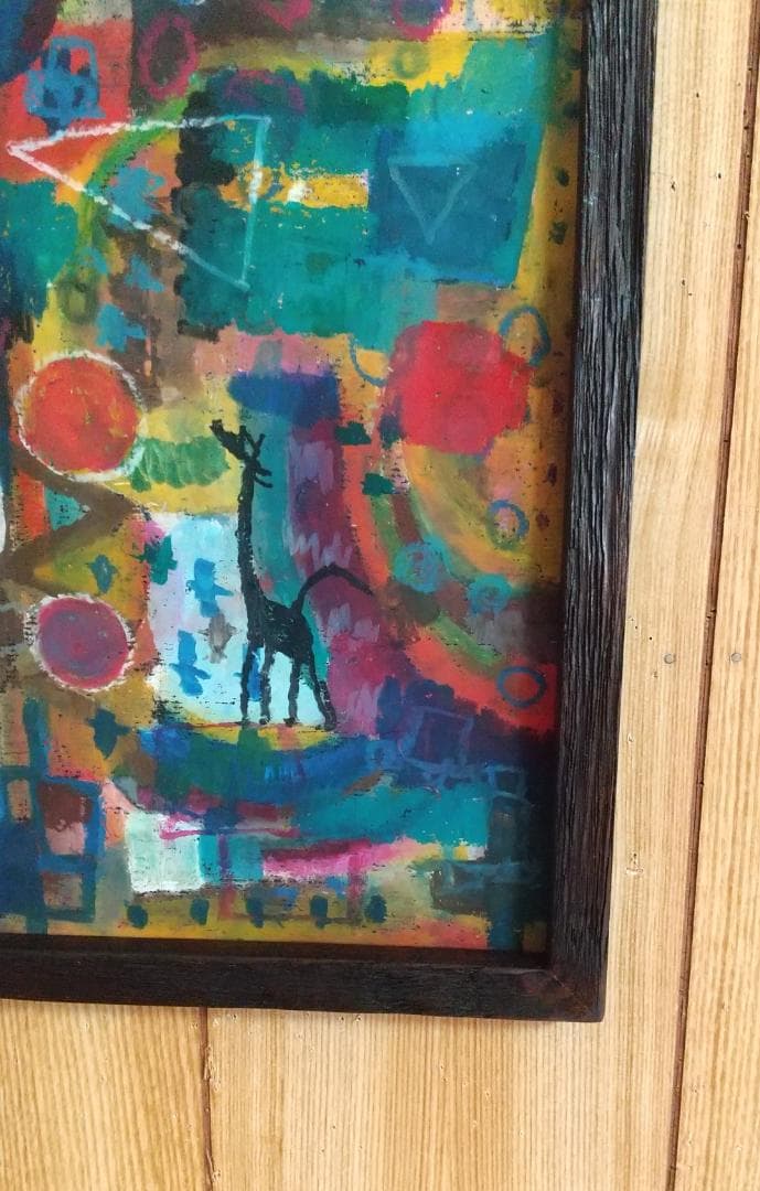 キリンのクレパス画 木製フレーム付き