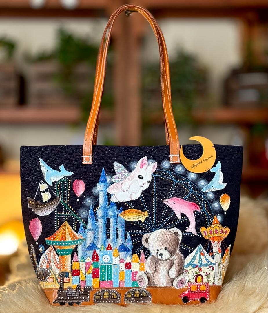 (手づくり)\"クマの遊園地\"アップリケ刺繍ライトアップトートバッグ