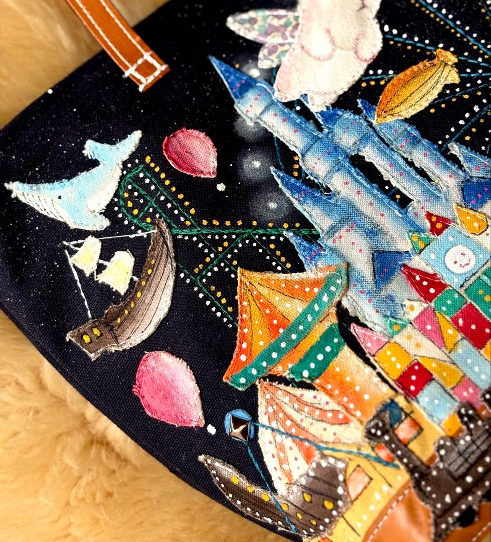 (手づくり)\"クマの遊園地\"アップリケ刺繍ライトアップトートバッグ