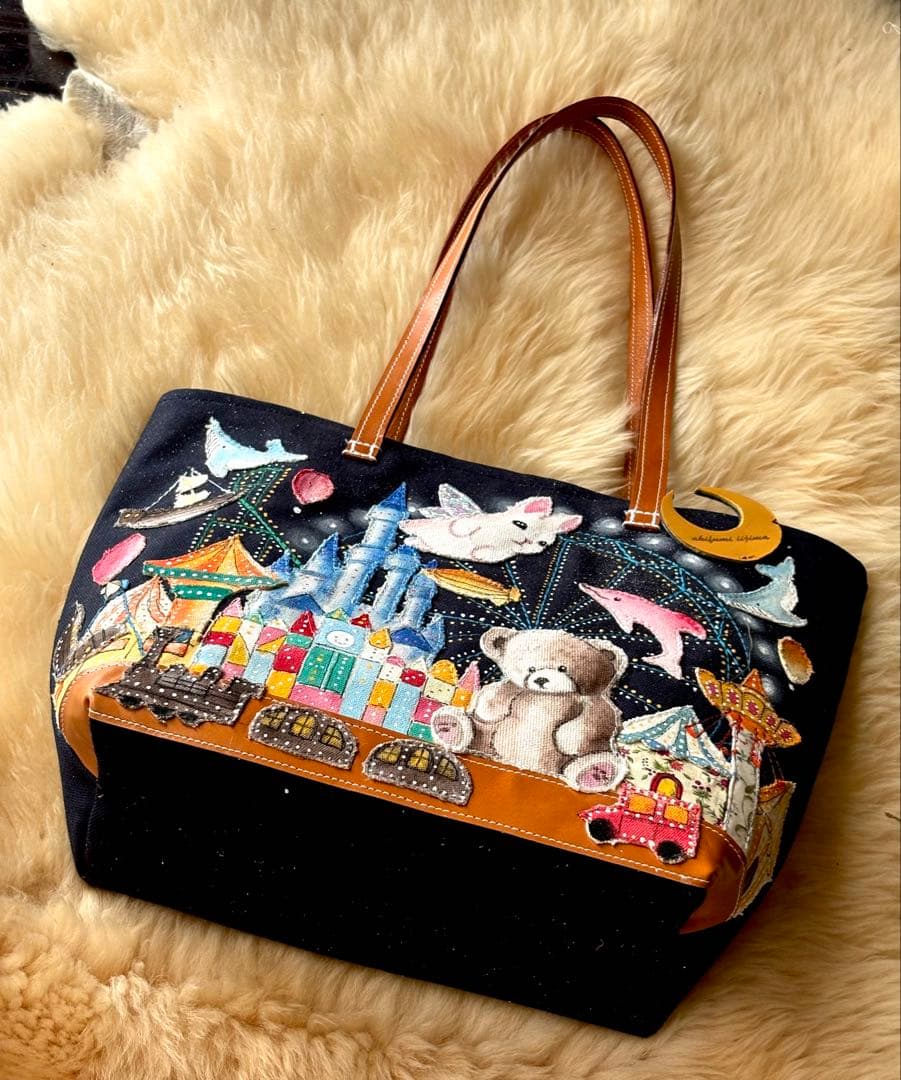 (手づくり)\"クマの遊園地\"アップリケ刺繍ライトアップトートバッグ