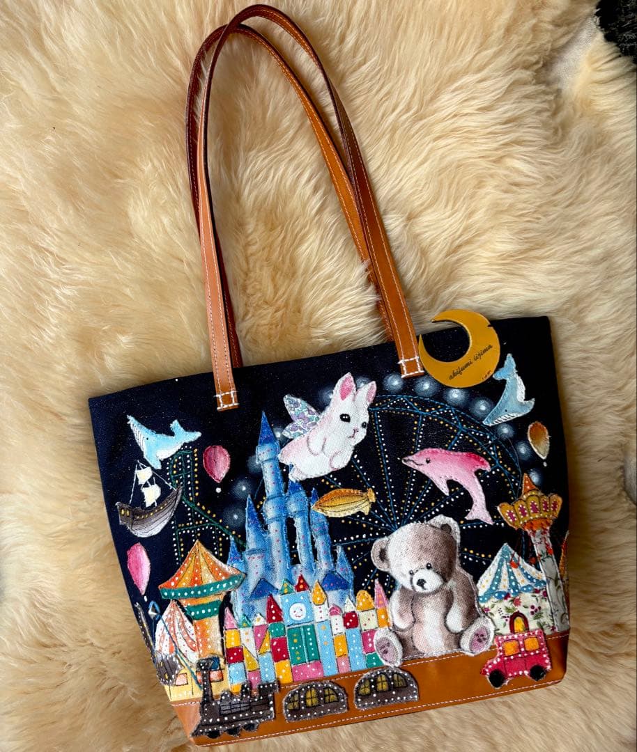 (手づくり)\"クマの遊園地\"アップリケ刺繍ライトアップトートバッグ