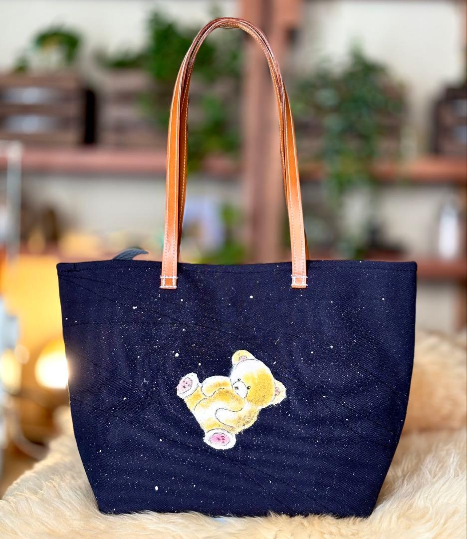 (手づくり)\"クマの遊園地\"アップリケ刺繍ライトアップトートバッグ