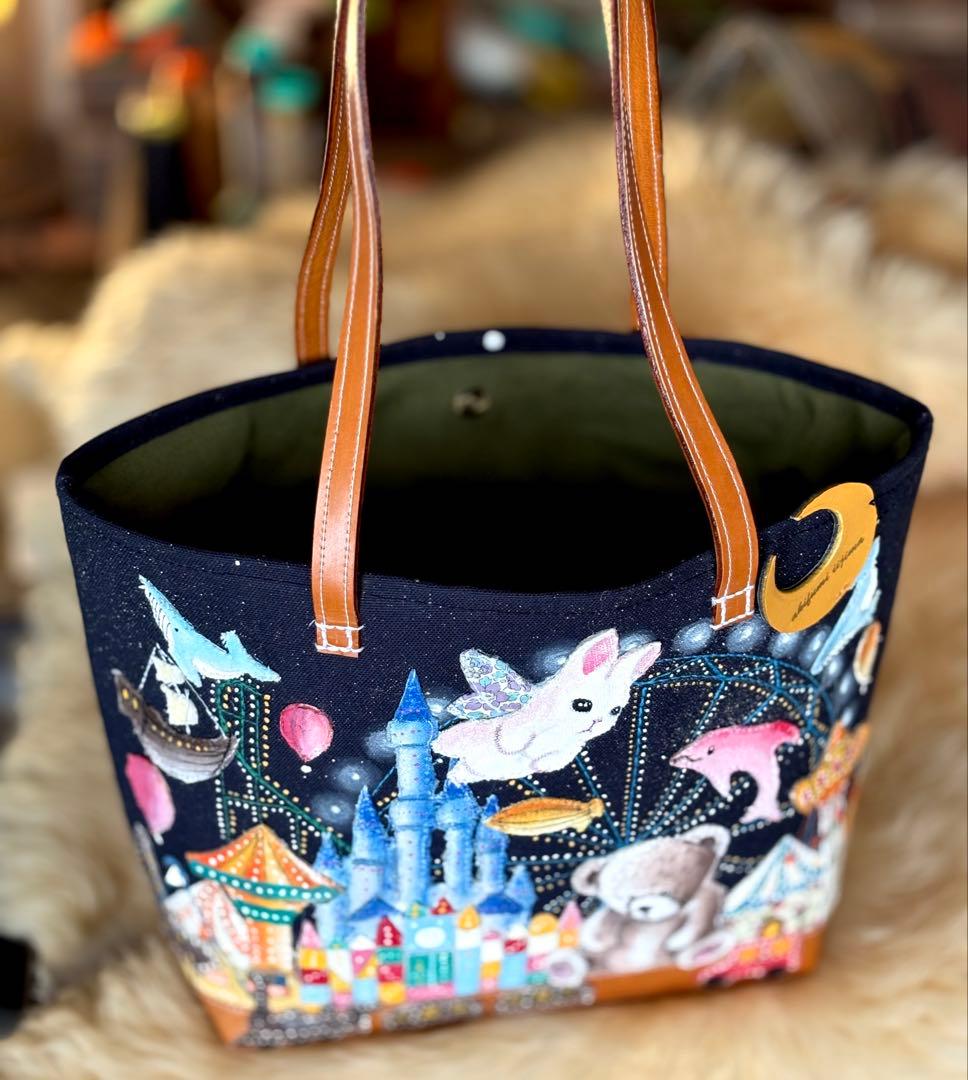 (手づくり)\"クマの遊園地\"アップリケ刺繍ライトアップトートバッグ