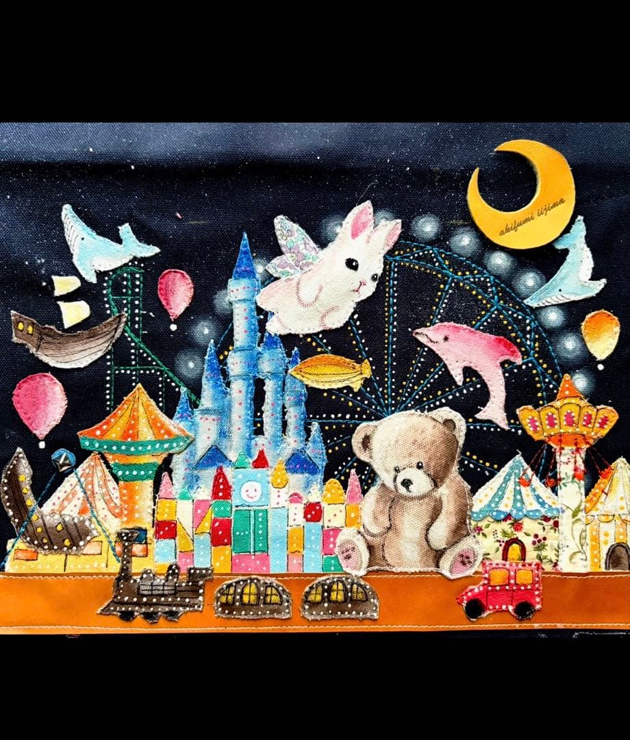 (手づくり)\"クマの遊園地\"アップリケ刺繍ライトアップトートバッグ