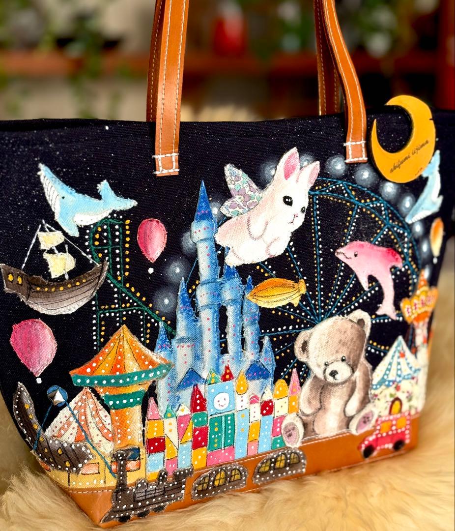 (手づくり)\"クマの遊園地\"アップリケ刺繍ライトアップトートバッグ