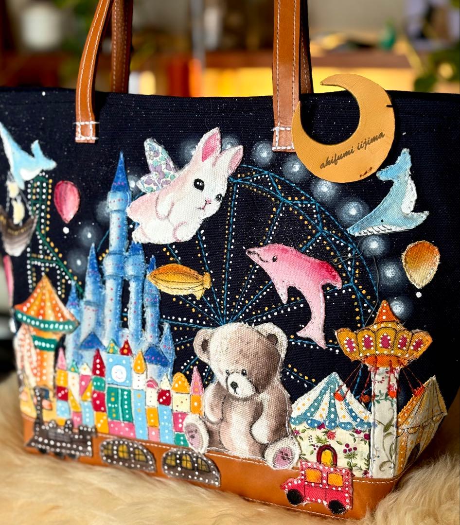 (手づくり)\"クマの遊園地\"アップリケ刺繍ライトアップトートバッグ