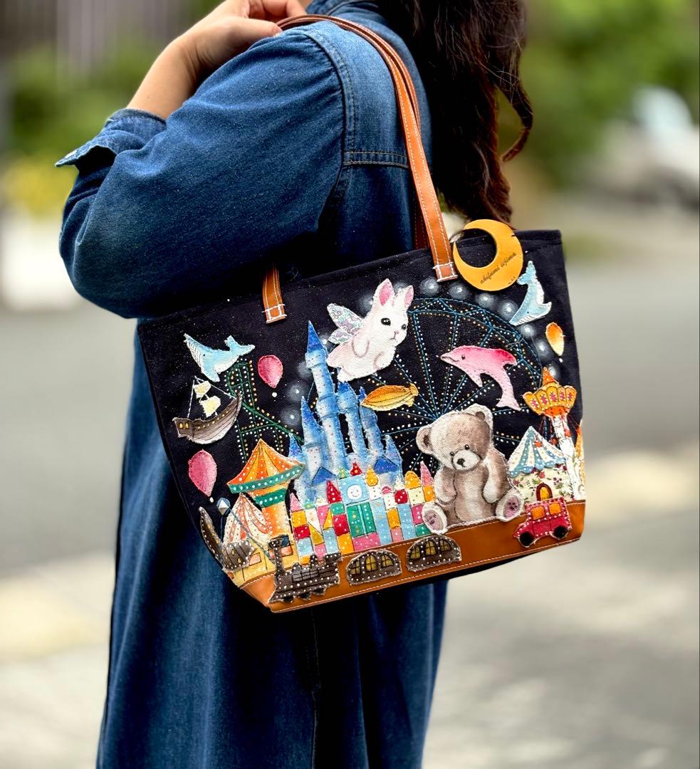 (手づくり)\"クマの遊園地\"アップリケ刺繍ライトアップトートバッグ