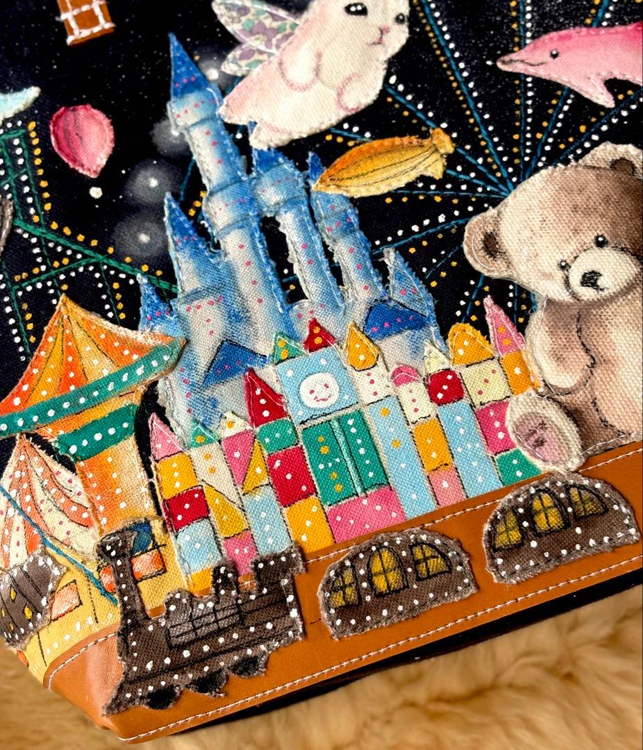 (手づくり)\"クマの遊園地\"アップリケ刺繍ライトアップトートバッグ