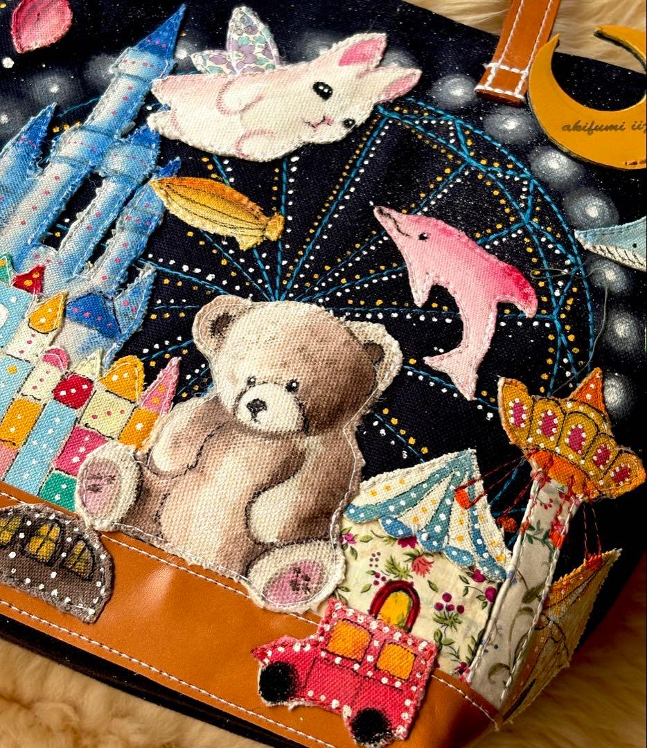 (手づくり)\"クマの遊園地\"アップリケ刺繍ライトアップトートバッグ