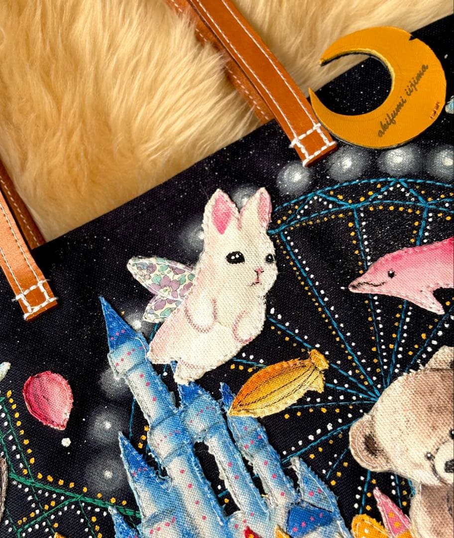 (手づくり)\"クマの遊園地\"アップリケ刺繍ライトアップトートバッグ