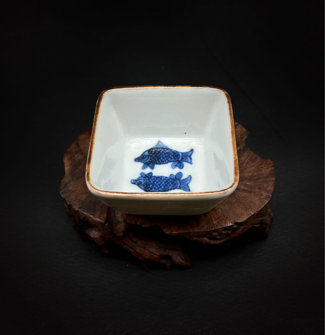 平安竹泉 青華染付 雙鱼紋樣四方盃 茶道具