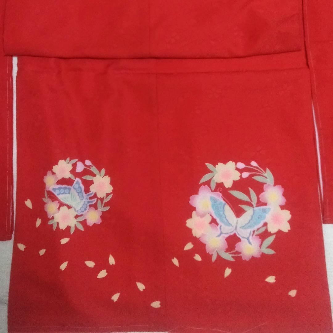 七五三　女の子　7歳　着物　四ッ身　祝い着　七才　赤　桜　蝶　卒園式