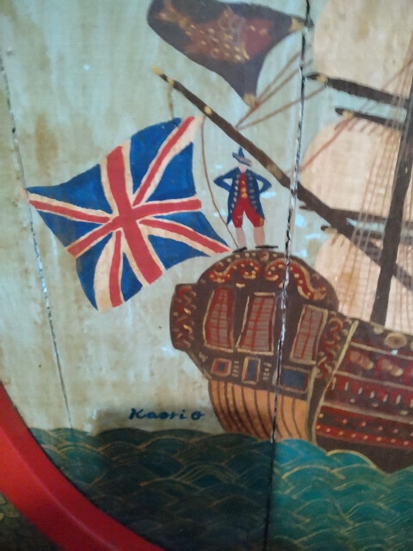 アンティーク看板　南蛮船　南蛮人　手描き 70x55x4 cm 木製