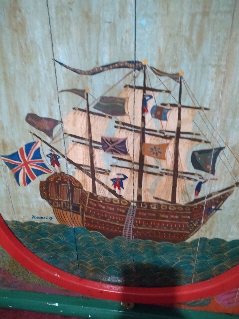 アンティーク看板　南蛮船　南蛮人　手描き 70x55x4 cm 木製