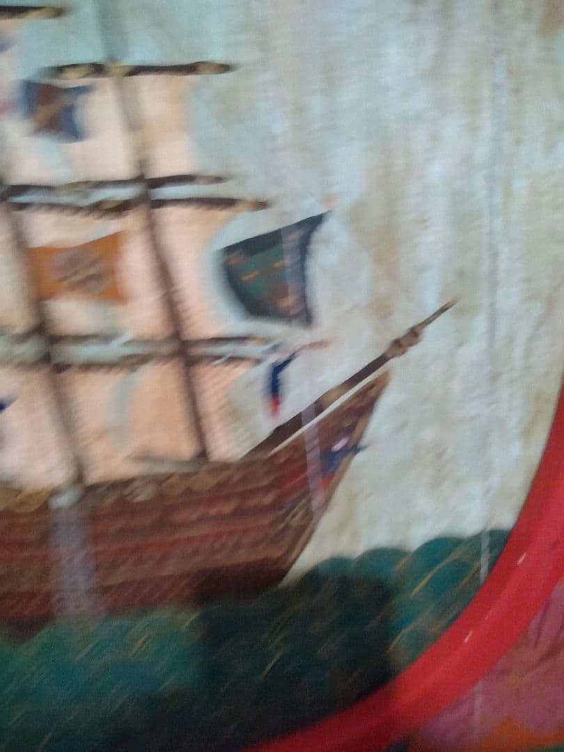 アンティーク看板　南蛮船　南蛮人　手描き 70x55x4 cm 木製