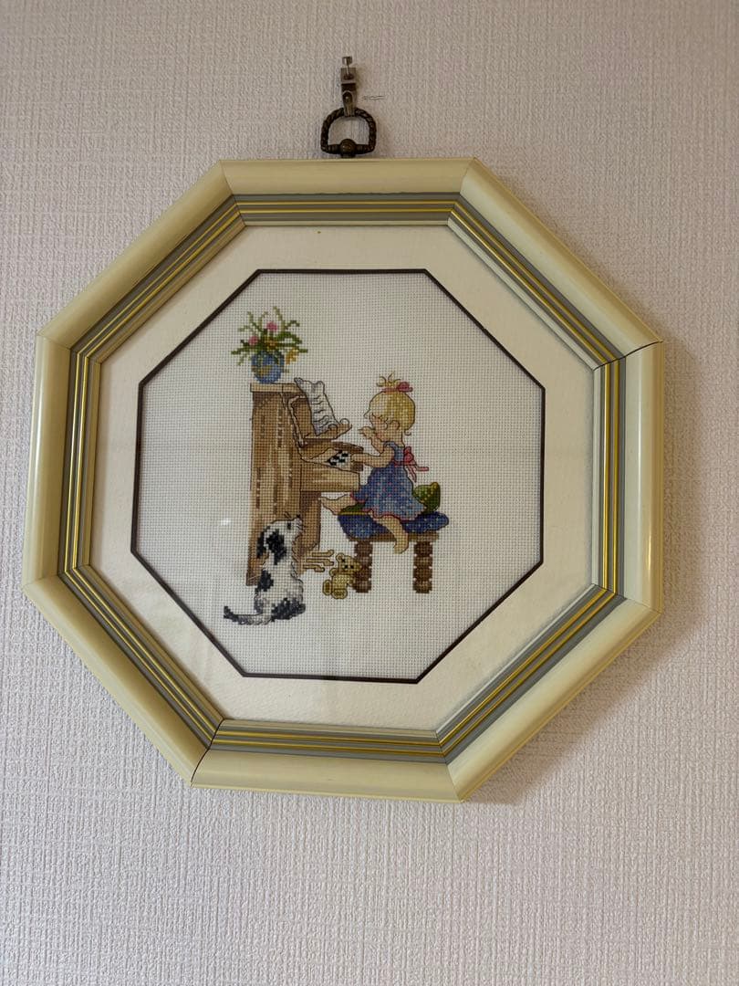 クロスステッチ刺繍風景画2点セット フレーム付き ピアノと女の子　あじさい