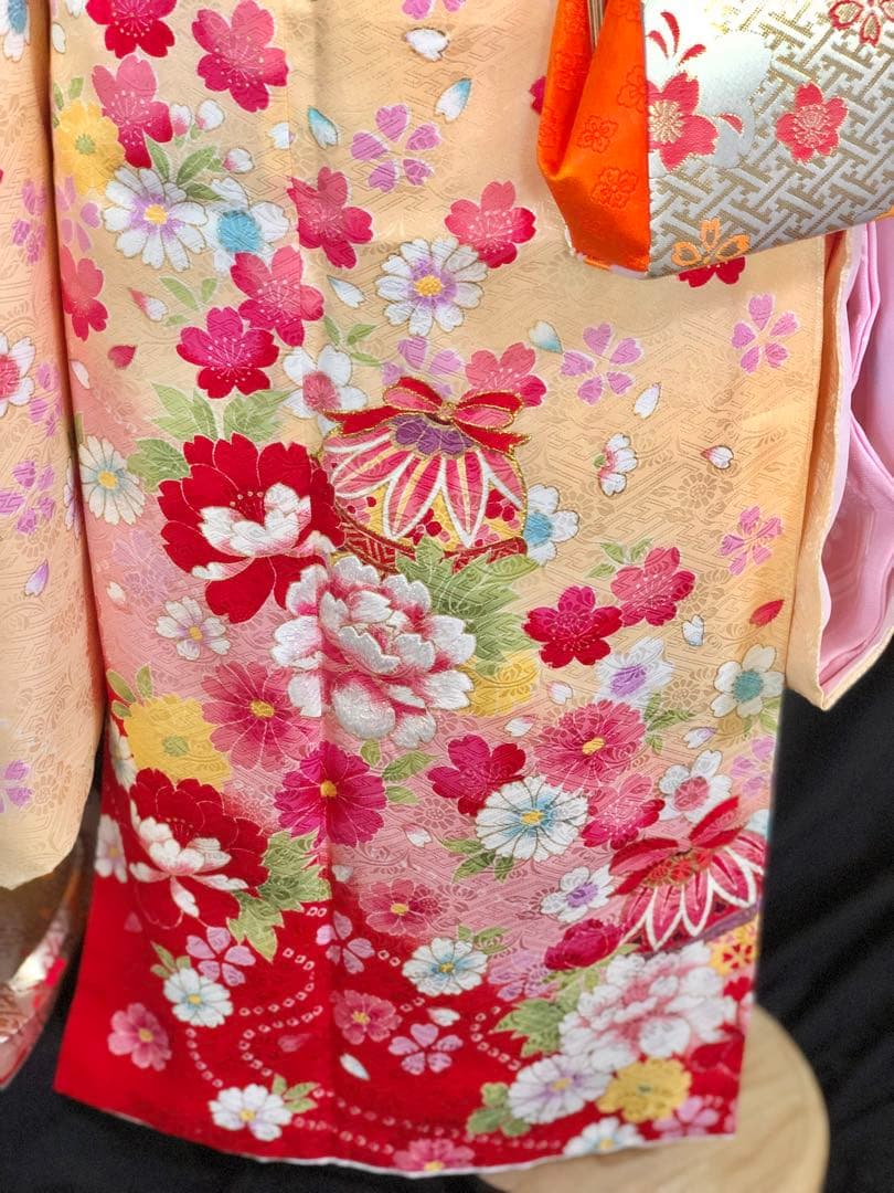 【正絹】 七五三　7歳　絵羽　桜　刺繍　着物　四つ身　作り帯　セット　女の子