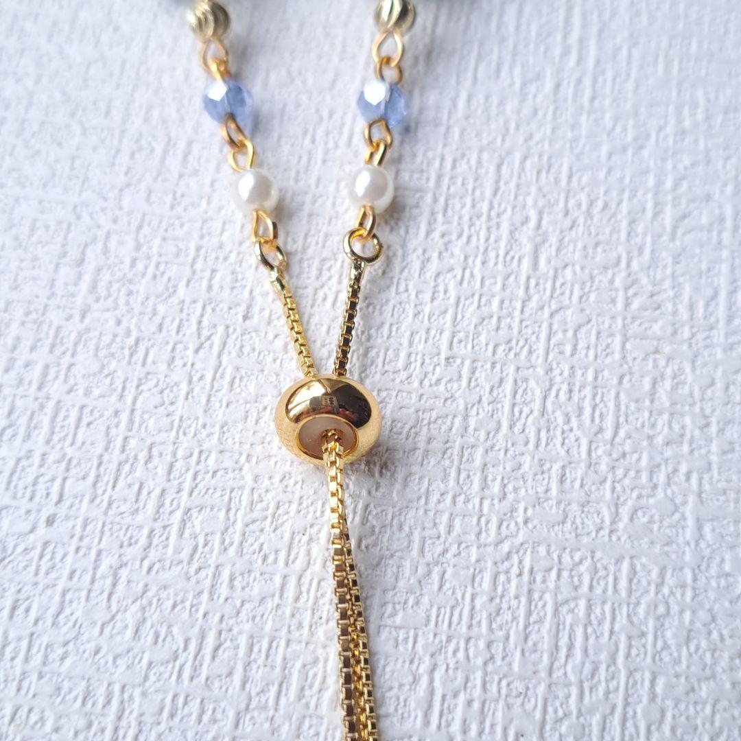 【スライド式】ガラスフラワーブルー×ゴールド枝葉 マスク用チェーン