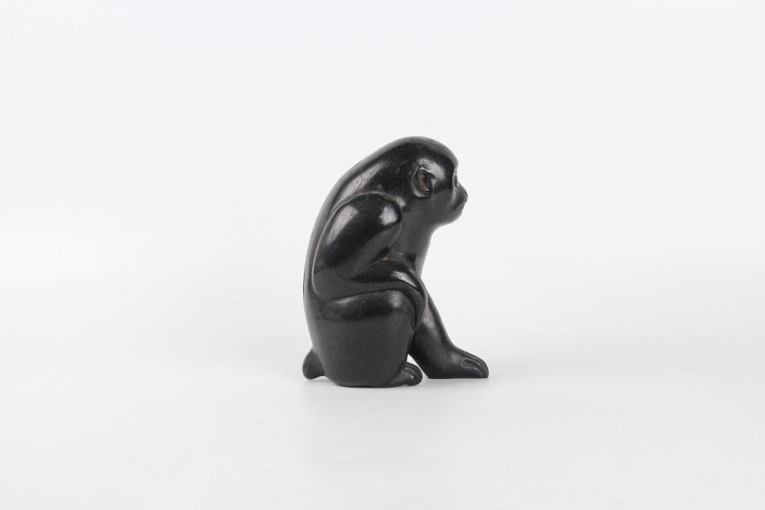 室町時代 木彫 猿置物 黒檀　硬木 在銘有 花押付　日本彫刻 FF01-01