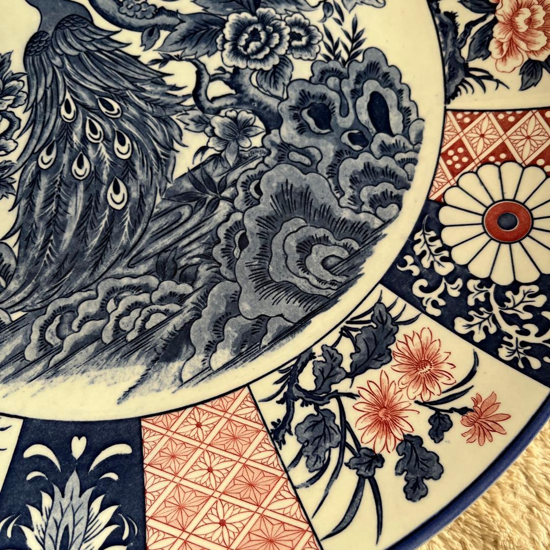 【新品 縁起物 ノベルティ】萬古窯 富永陶園 孔雀 大皿 尺ニ皿 新牡丹花鳥