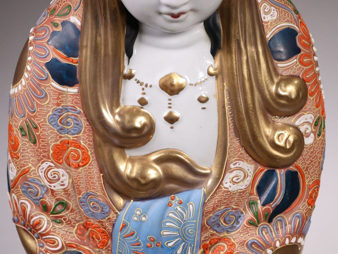 九谷焼 八幡窯 観音菩薩立像 59.4cm 金彩 色絵 置物 仏像【MA818】