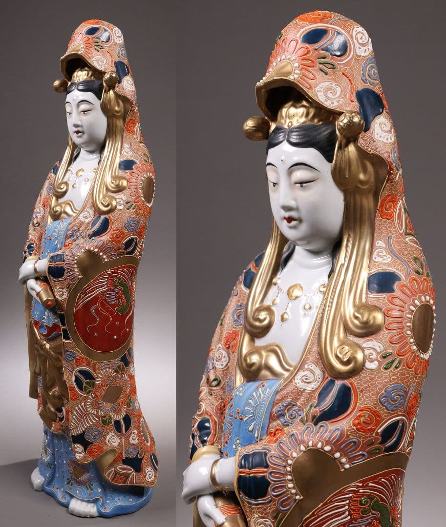 九谷焼 八幡窯 観音菩薩立像 59.4cm 金彩 色絵 置物 仏像【MA818】