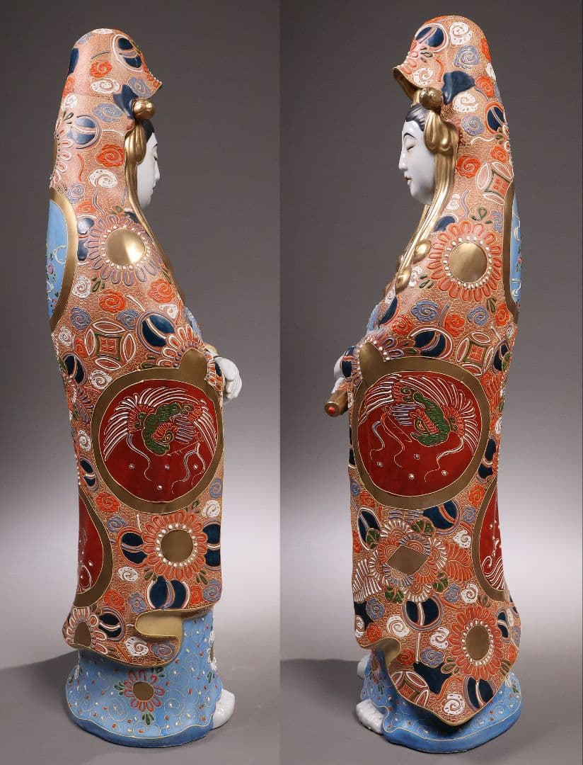 九谷焼 八幡窯 観音菩薩立像 59.4cm 金彩 色絵 置物 仏像【MA818】