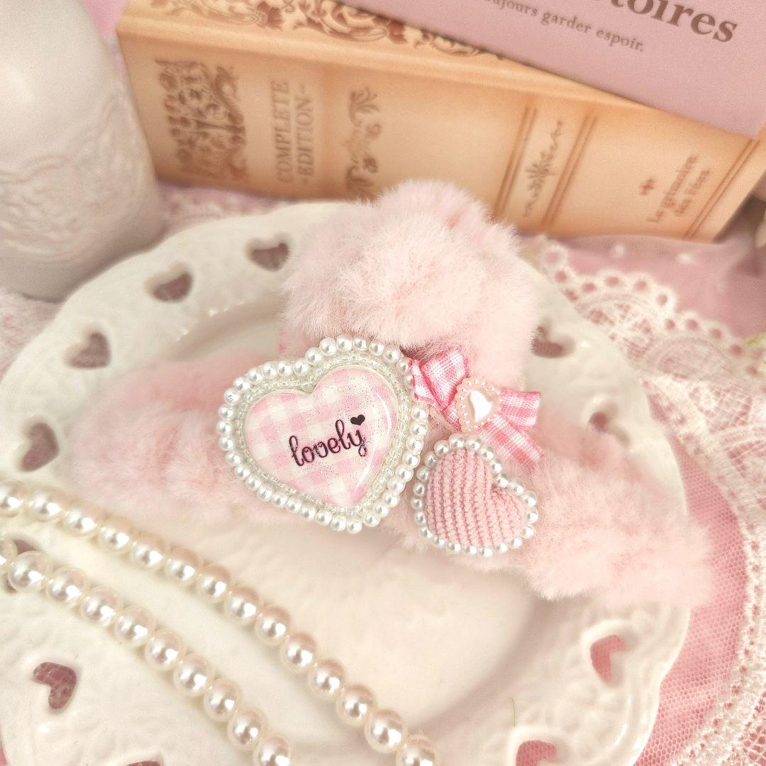 ハンドメイド♡♡ファーバンスクリップ♡Fancyピンクギンガム