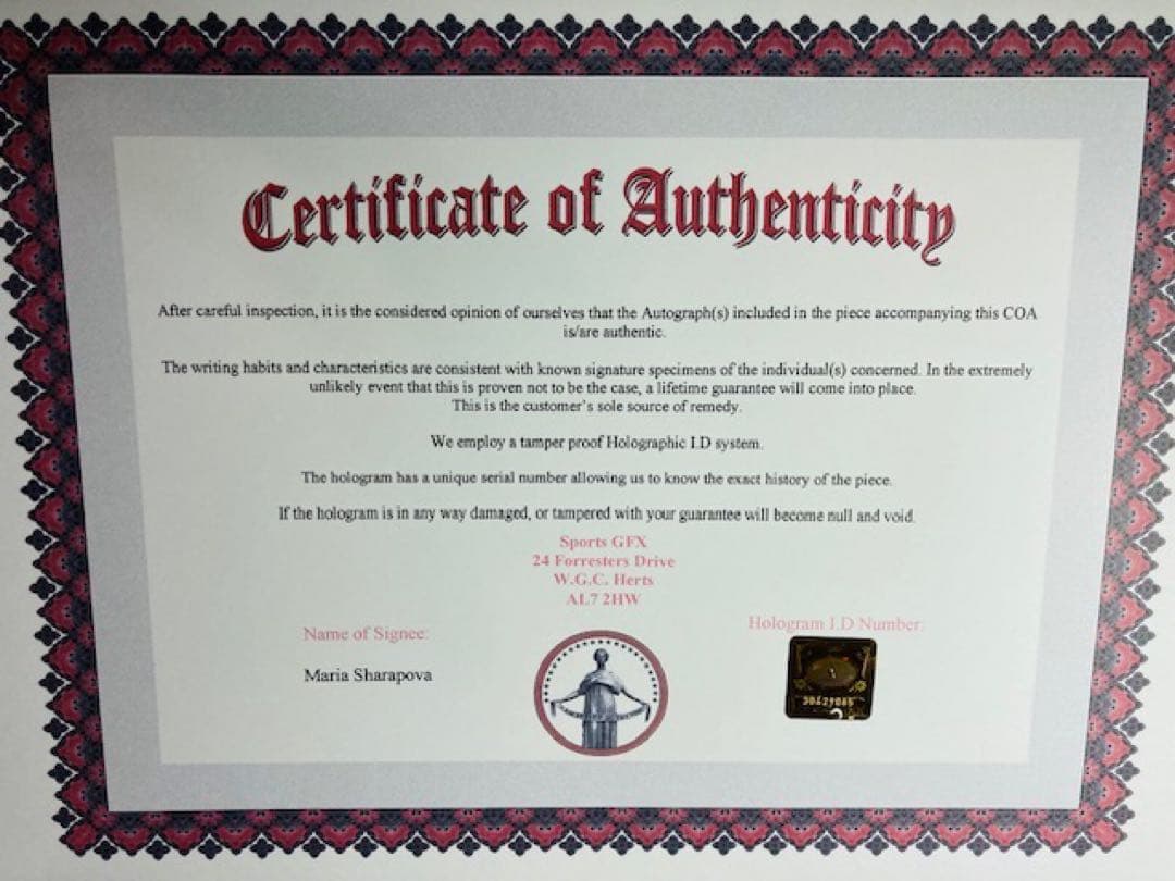 女子プロ テニス選手 マリア・シャラポワ 直筆サイン入り写真 保証書