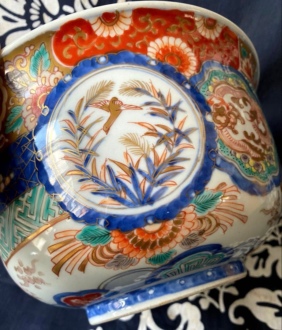 時代物骨董 古伊万里 豪華絢爛染錦金襴手・色絵大鉢 鳳凰飛翔図 飾り鉢