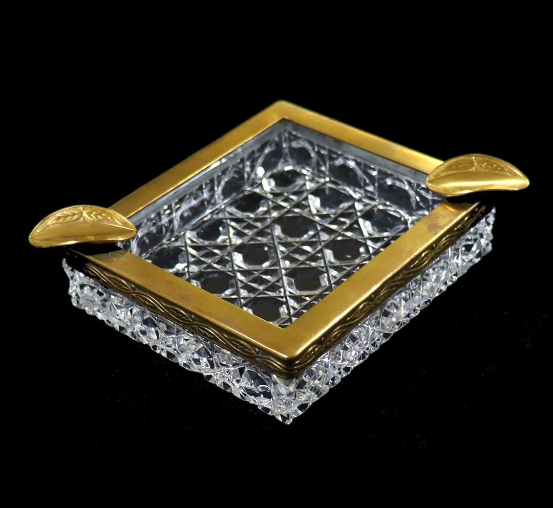 オールド・バカラ ブロンズ装飾 リーフ文 スクエア型 灰皿 小物入れ ディアマン