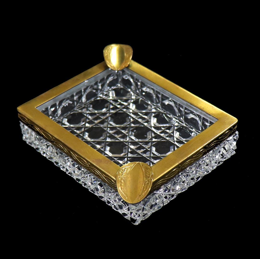 オールド・バカラ ブロンズ装飾 リーフ文 スクエア型 灰皿 小物入れ ディアマン