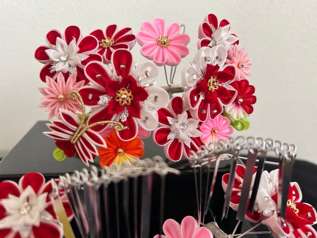 美品【三越】七五三用伝統的髪飾りセット　つまみ細工　銀ビラ　日本髪