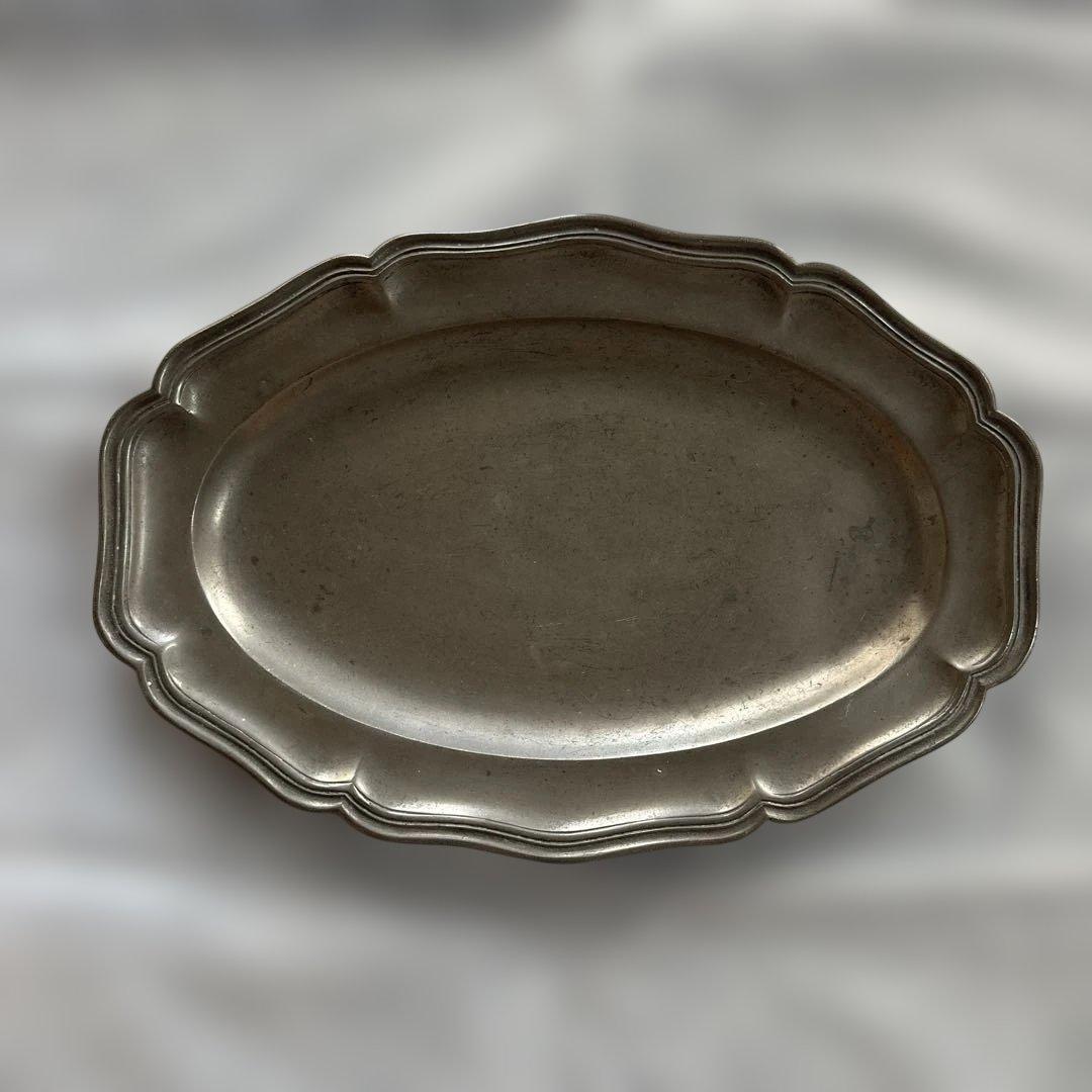 フランスアンティーク 花リム ピューター皿 オーバル