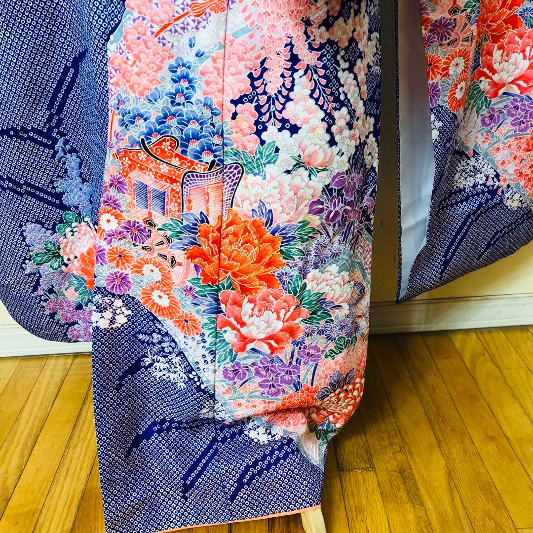 七五三7歳‼️豪華絞り柄風御所車牡丹花々金糸刺繍煌びやか全てついてる完全フルセット