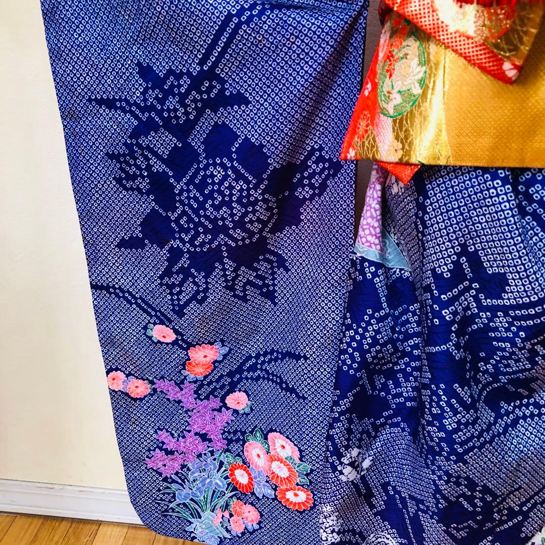 七五三7歳‼️豪華絞り柄風御所車牡丹花々金糸刺繍煌びやか全てついてる完全フルセット