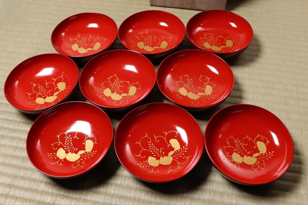 木製漆器 桐唐草蒔絵 朱塗銘々木皿 十九客 11.8cm 木箱 金蒔絵 MA12