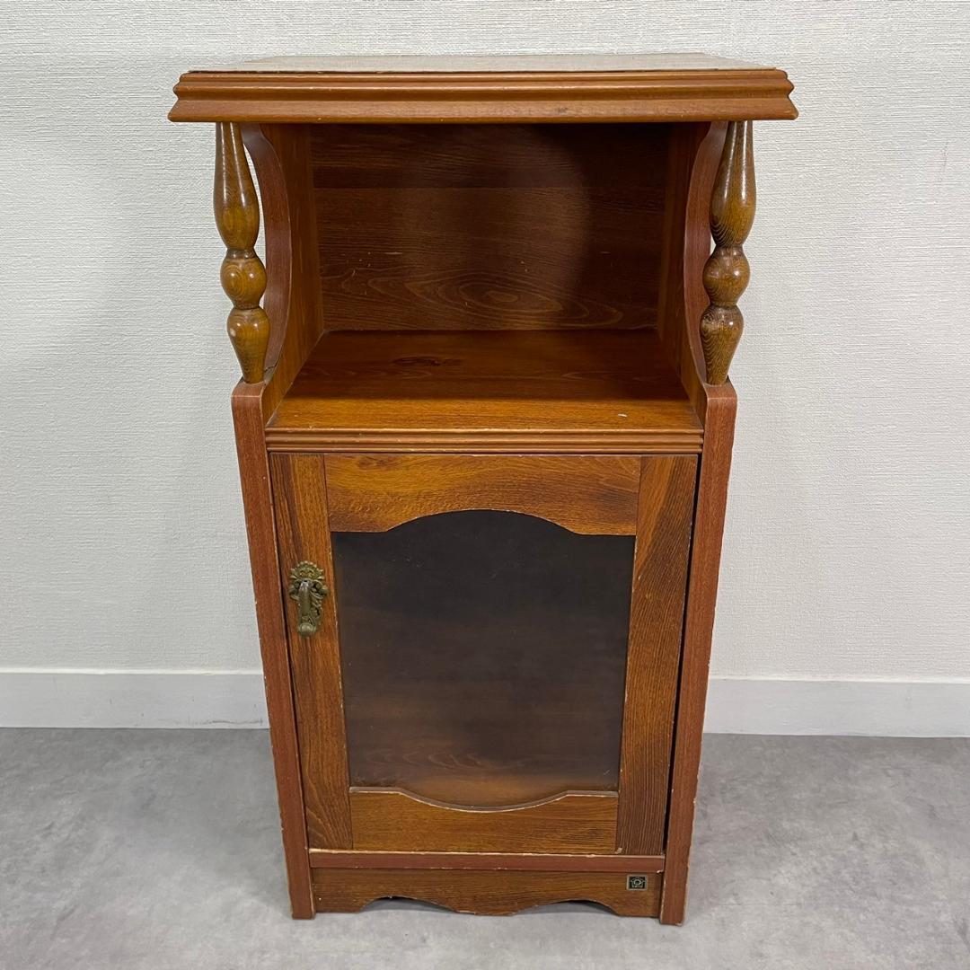 ヴィンテージ 木製 電話台 ガラス扉 キャビネット 飾り棚 花台 収納棚 レトロ