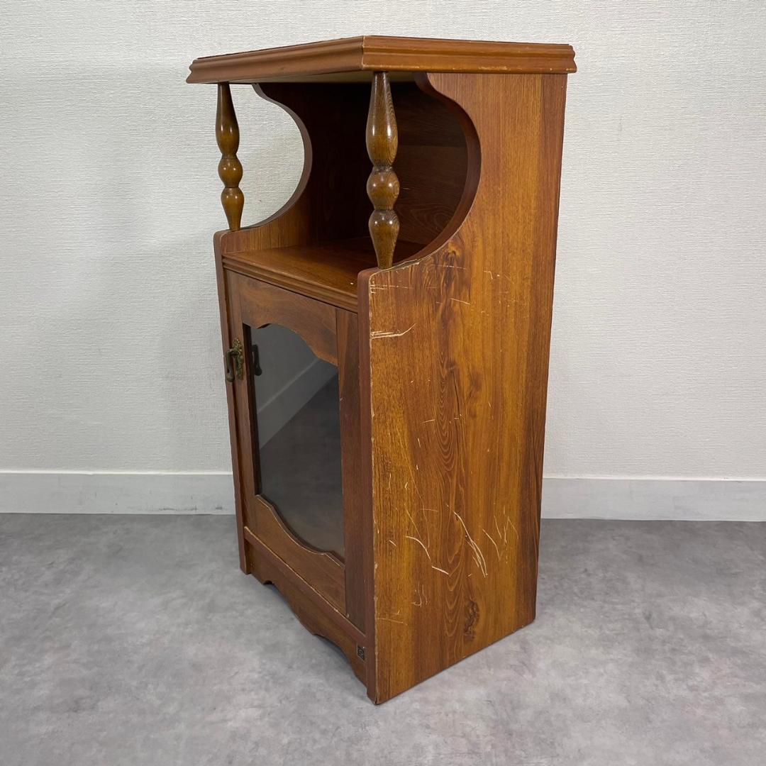 ヴィンテージ 木製 電話台 ガラス扉 キャビネット 飾り棚 花台 収納棚 レトロ