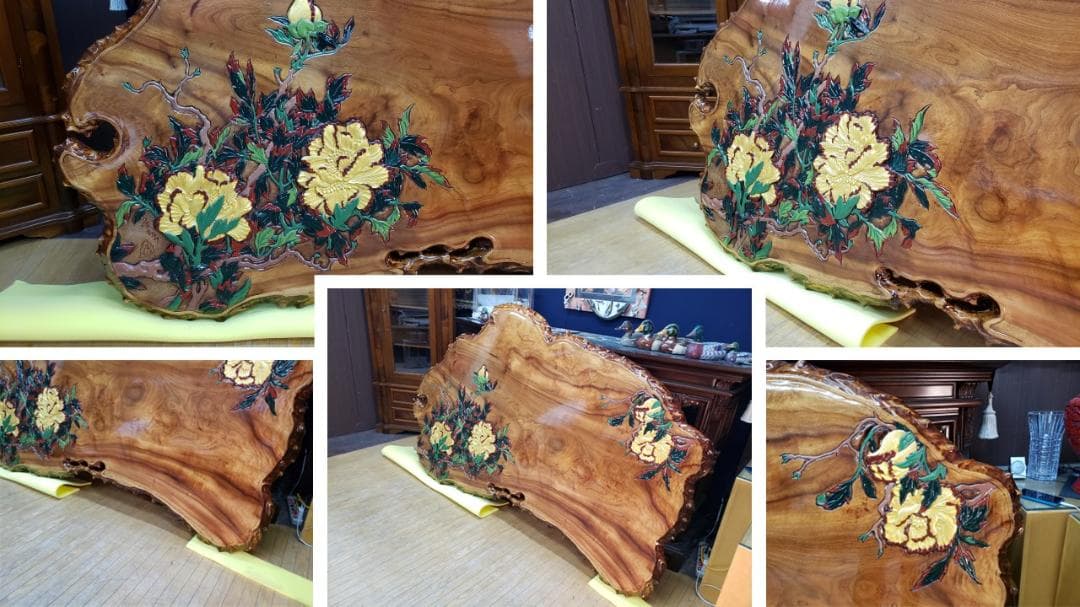 L16　美品！　逸品！　希少！　欅　天然木　無垢　一枚板 　天板　彫刻　ペイント