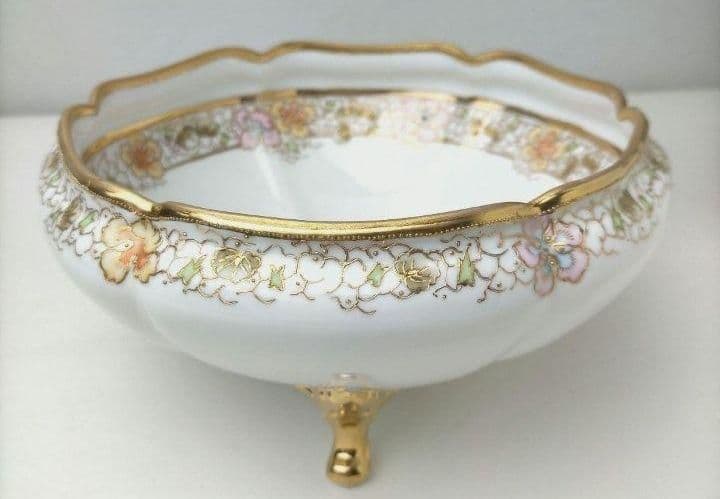 高級RC刻印★美品「オールドノリタケ金彩点盛り上げ 花絵鉢